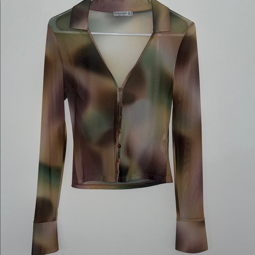 Stradivarius Sheer Earth Tone Button-Down Shirt